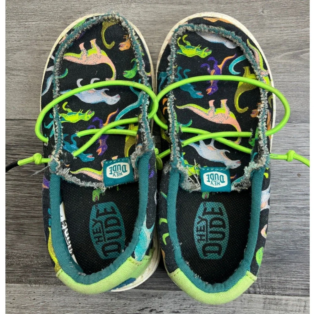Hey Dude Wally Toddler Dino Black Lime Dinosaur Print Canvas Shoes Size C8